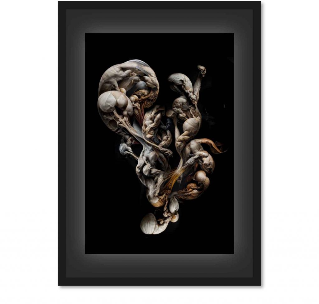 Uncanny-Fleshes-2022-Synthography-on-Hahnemühle-Pearl-Paper-40x60cm-Frame-53x73cm-Edition-of-5, by Mathias Vef